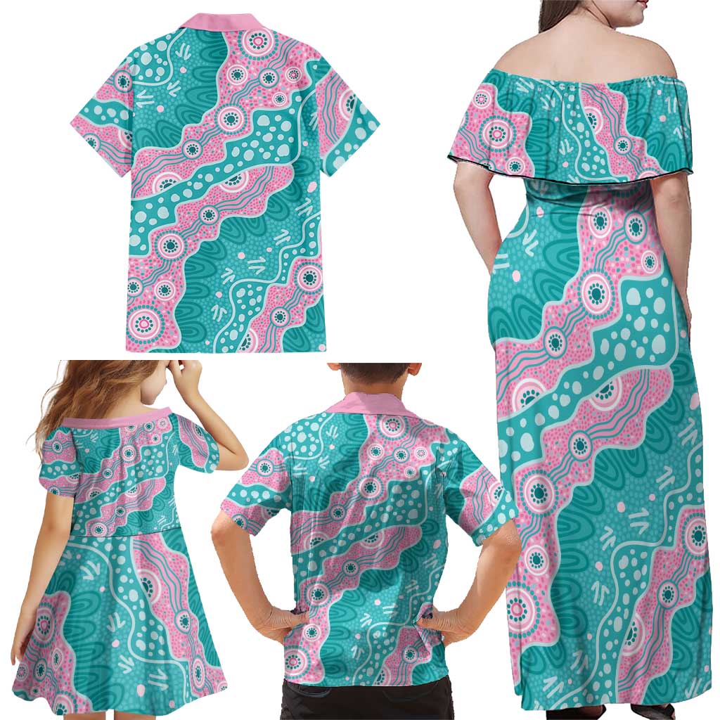 Hereditary Cancer Awareness Australia Indigenous Family Matching Off Shoulder Maxi Dress and Hawaiian Shirt Pink and Teal - Aussie Hoodie