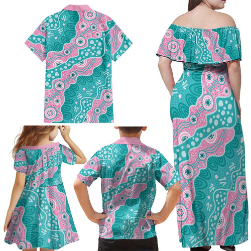 Hereditary Cancer Awareness Australia Indigenous Family Matching Off Shoulder Maxi Dress and Hawaiian Shirt Pink and Teal - Aussie Hoodie