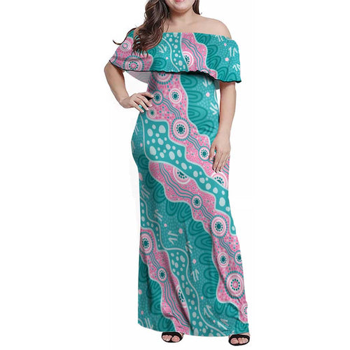 Hereditary Cancer Awareness Australia Indigenous Family Matching Off Shoulder Maxi Dress and Hawaiian Shirt Pink and Teal - Aussie Hoodie