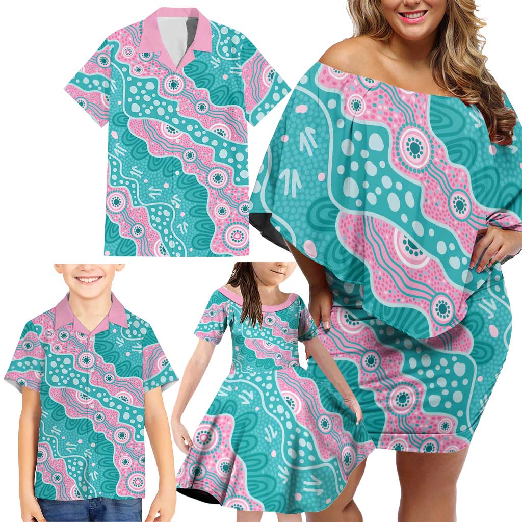 Hereditary Cancer Awareness Australia Indigenous Family Matching Off Shoulder Short Dress and Hawaiian Shirt Pink and Teal - Aussie Hoodie