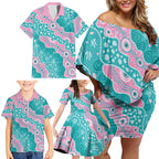 Hereditary Cancer Awareness Australia Indigenous Family Matching Off Shoulder Short Dress and Hawaiian Shirt Pink and Teal - Aussie Hoodie