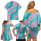 Hereditary Cancer Awareness Australia Indigenous Family Matching Off Shoulder Short Dress and Hawaiian Shirt Pink and Teal - Aussie Hoodie