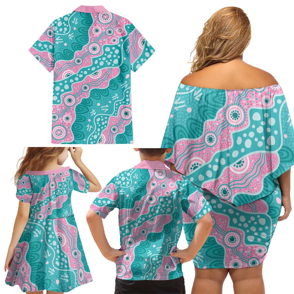 Hereditary Cancer Awareness Australia Indigenous Family Matching Off Shoulder Short Dress and Hawaiian Shirt Pink and Teal - Aussie Hoodie