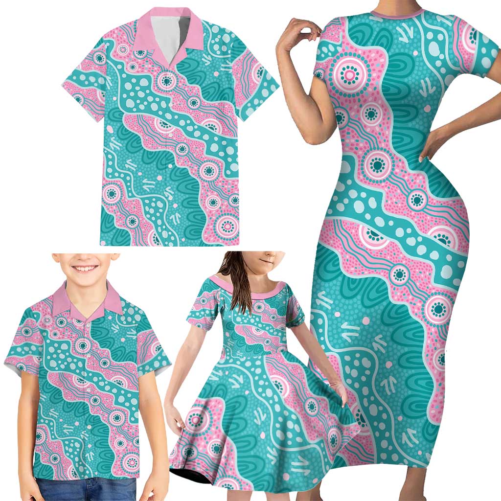 Hereditary Cancer Awareness Australia Indigenous Family Matching Short Sleeve Bodycon Dress and Hawaiian Shirt Pink and Teal - Aussie Hoodie