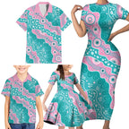 Hereditary Cancer Awareness Australia Indigenous Family Matching Short Sleeve Bodycon Dress and Hawaiian Shirt Pink and Teal - Aussie Hoodie