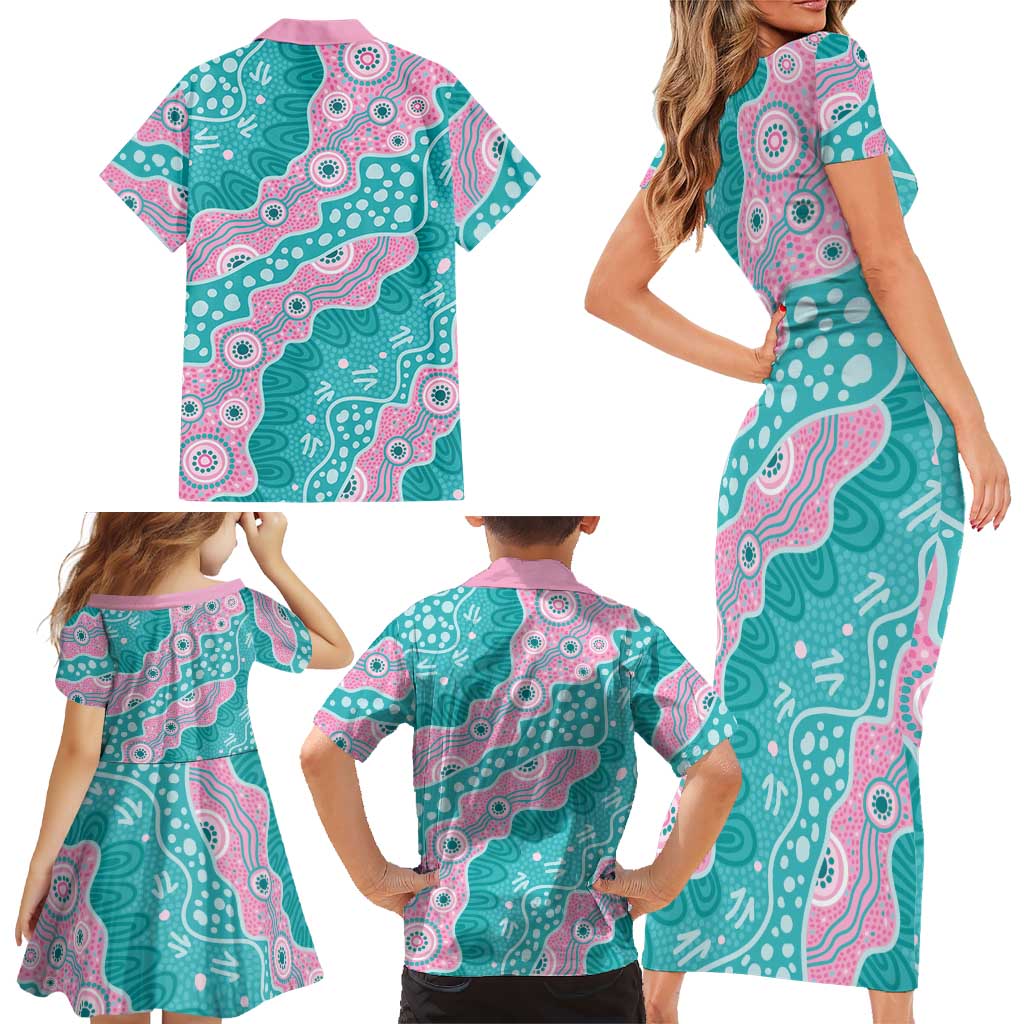 Hereditary Cancer Awareness Australia Indigenous Family Matching Short Sleeve Bodycon Dress and Hawaiian Shirt Pink and Teal - Aussie Hoodie