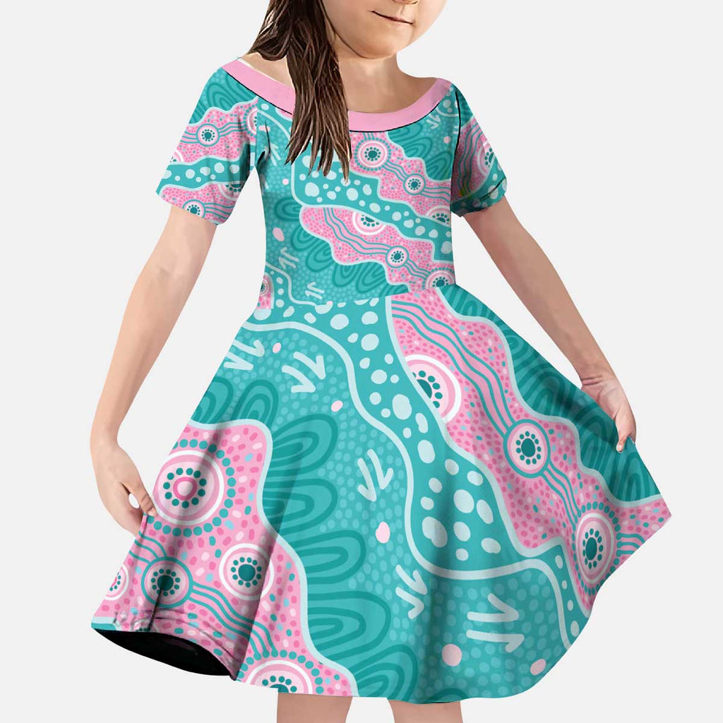 Hereditary Cancer Awareness Australia Indigenous Kid Short Sleeve Dress Pink and Teal - Aussie Hoodie