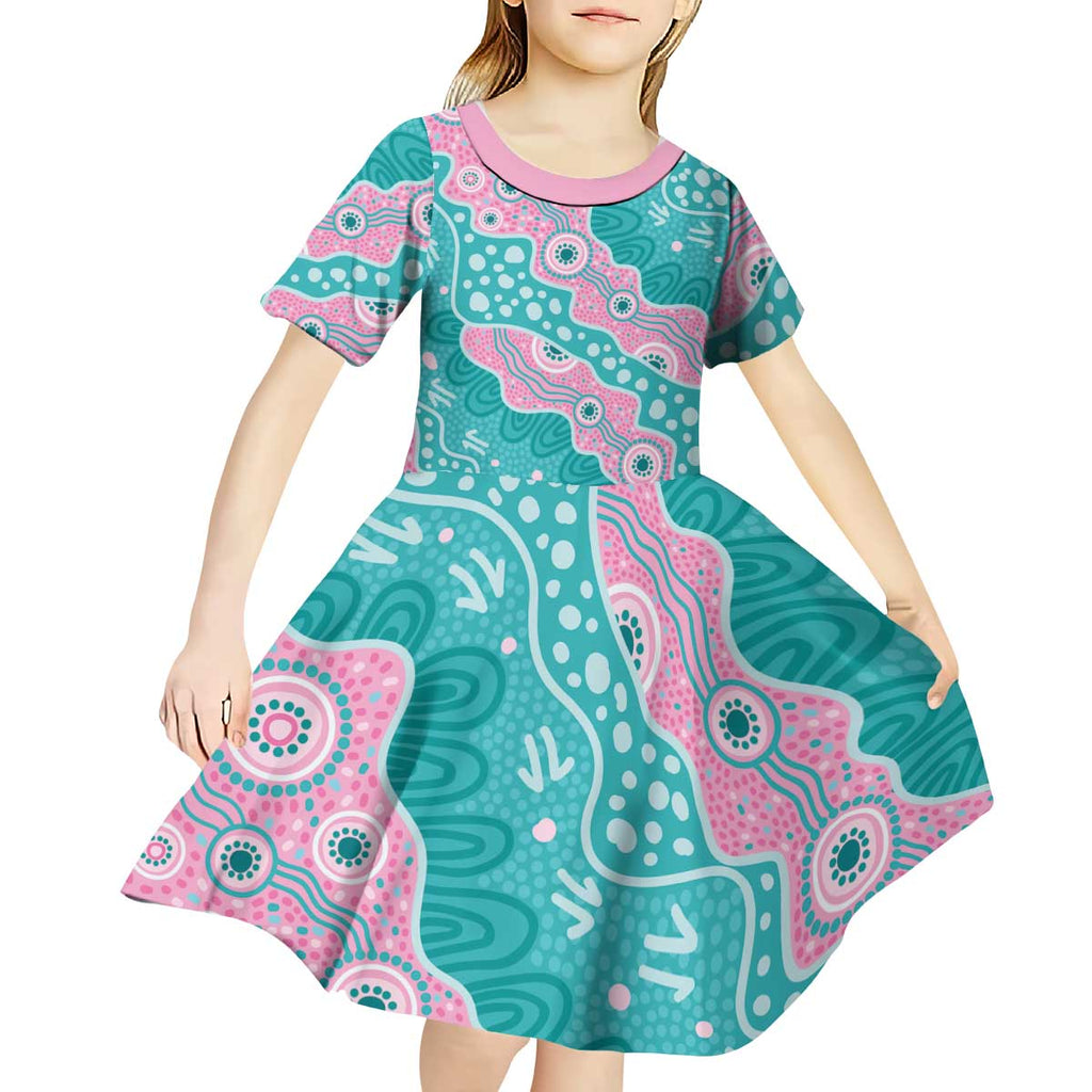 Hereditary Cancer Awareness Australia Indigenous Kid Short Sleeve Dress Pink and Teal - Aussie Hoodie