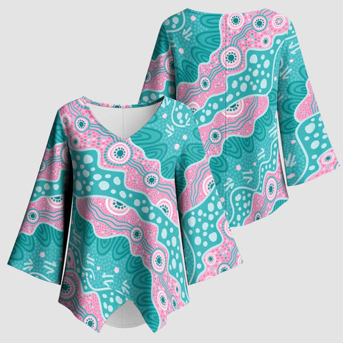 Hereditary Cancer Awareness Australia Indigenous Kimono Sleeve Blouse Pink and Teal - Aussie Hoodie