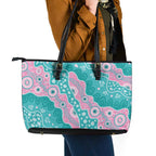Hereditary Cancer Awareness Australia Indigenous Leather Tote Bag Pink and Teal - Aussie Hoodie