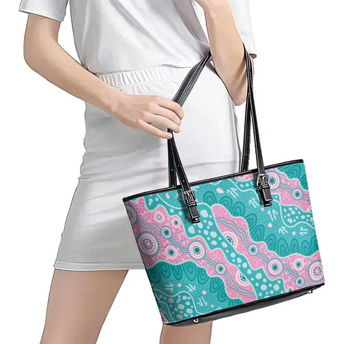 Hereditary Cancer Awareness Australia Indigenous Leather Tote Bag Pink and Teal - Aussie Hoodie