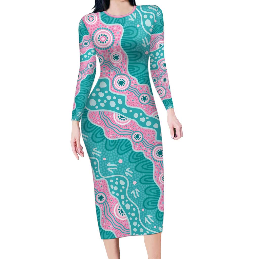 Hereditary Cancer Awareness Australia Indigenous Long Sleeve Bodycon Dress Pink and Teal - Aussie Hoodie