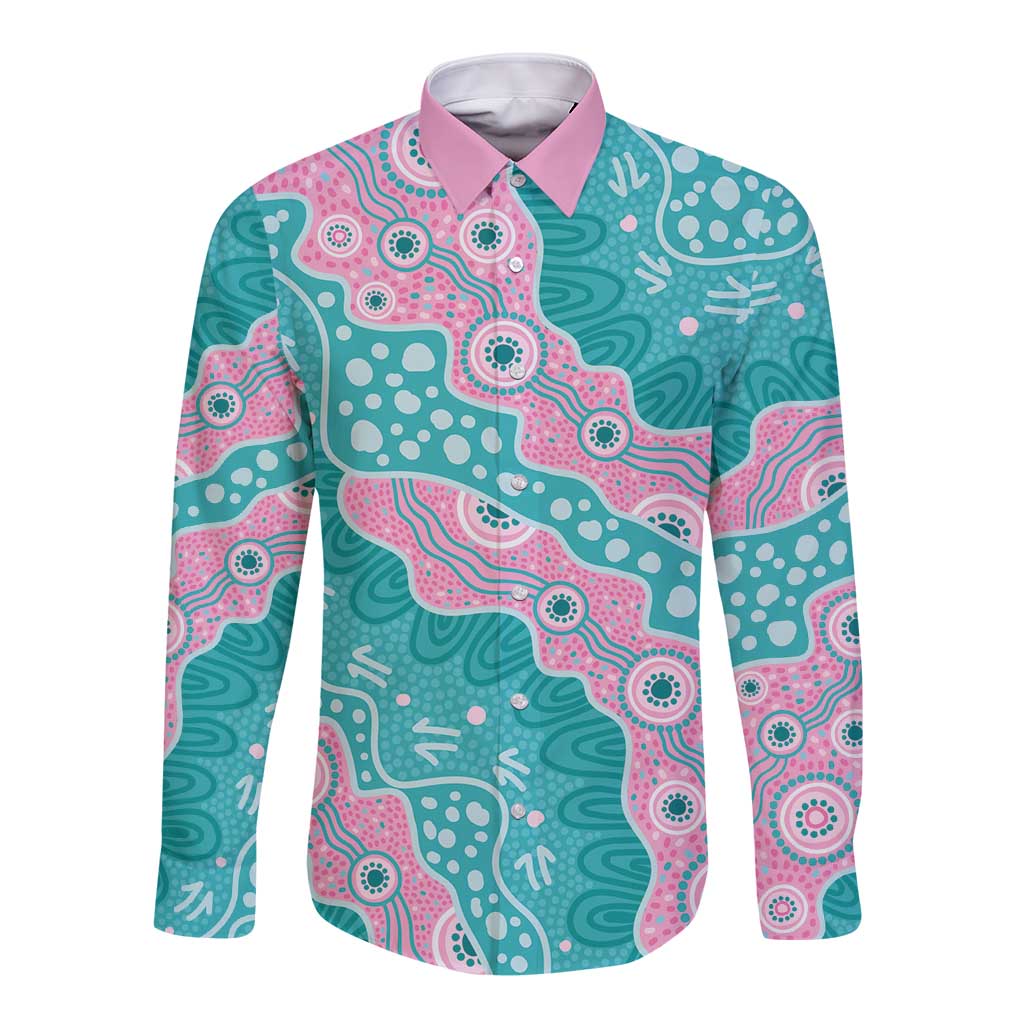 Hereditary Cancer Awareness Australia Indigenous Long Sleeve Button Shirt Pink and Teal - Aussie Hoodie