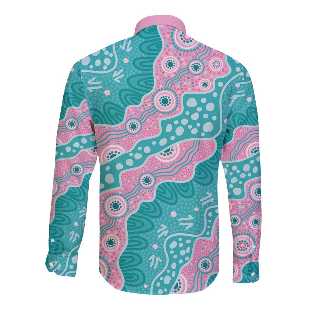Hereditary Cancer Awareness Australia Indigenous Long Sleeve Button Shirt Pink and Teal - Aussie Hoodie