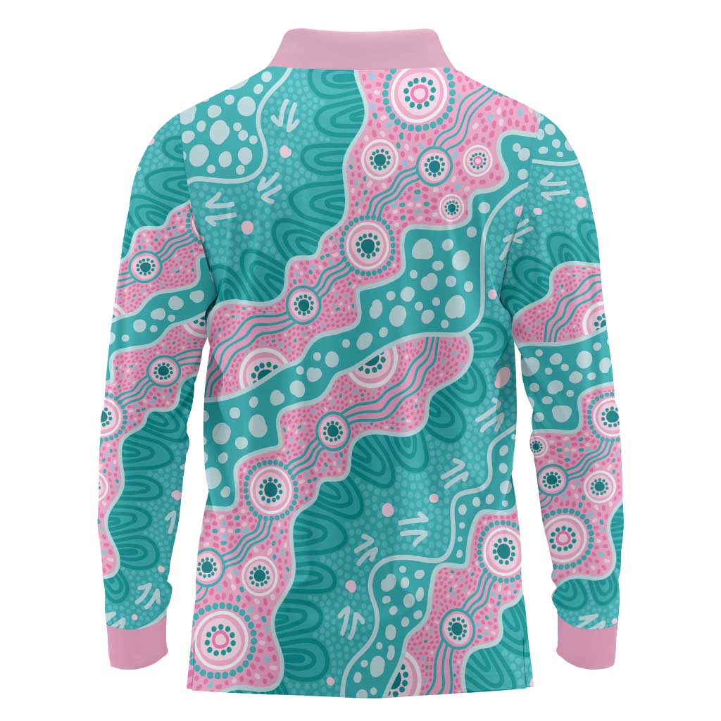 Hereditary Cancer Awareness Australia Indigenous Long Sleeve Polo Shirt Pink and Teal - Aussie Hoodie