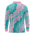 Hereditary Cancer Awareness Australia Indigenous Long Sleeve Polo Shirt Pink and Teal - Aussie Hoodie