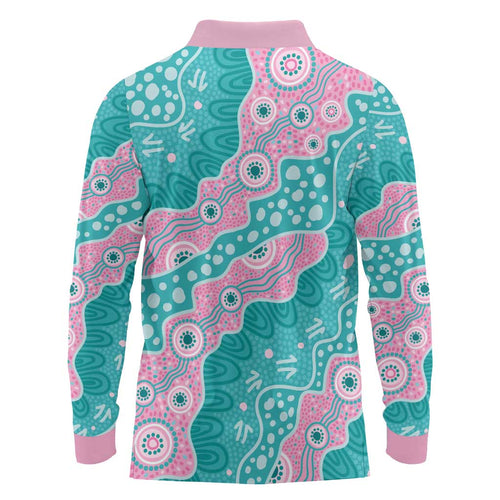 Hereditary Cancer Awareness Australia Indigenous Long Sleeve Polo Shirt Pink and Teal - Aussie Hoodie