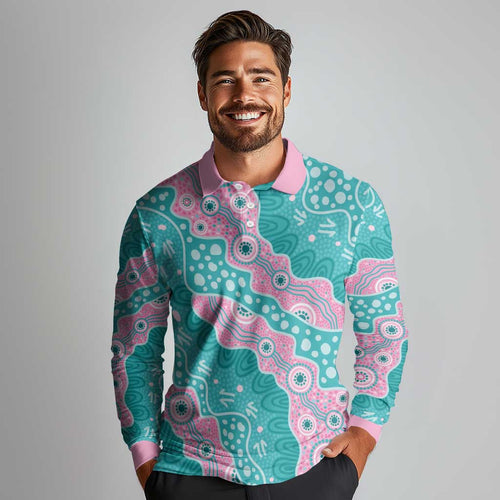 Hereditary Cancer Awareness Australia Indigenous Long Sleeve Polo Shirt Pink and Teal - Aussie Hoodie