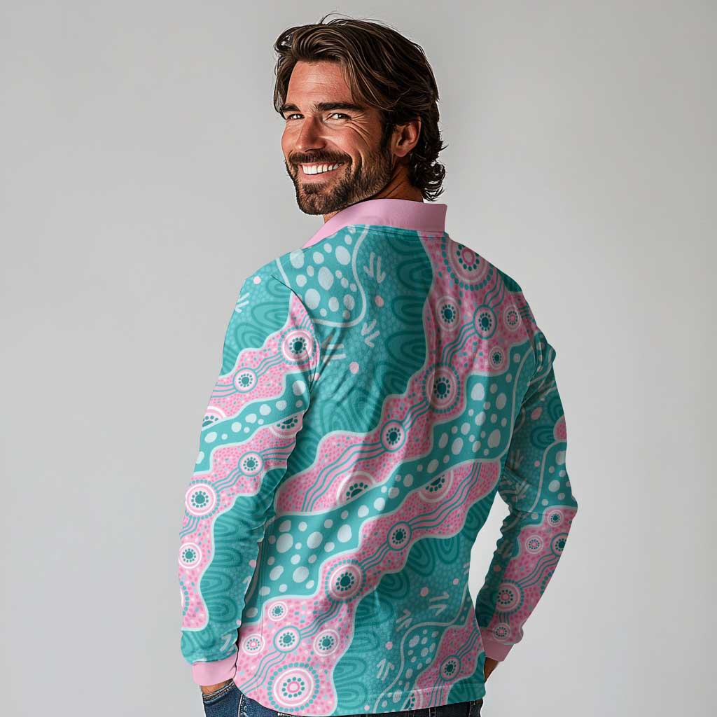 Hereditary Cancer Awareness Australia Indigenous Long Sleeve Polo Shirt Pink and Teal - Aussie Hoodie