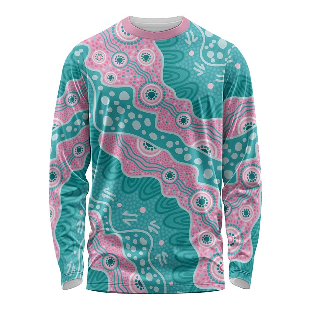 Hereditary Cancer Awareness Australia Indigenous Long Sleeve Shirt Pink and Teal - Aussie Hoodie