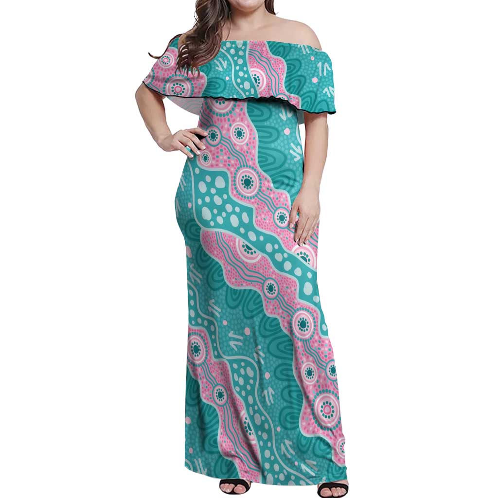 Hereditary Cancer Awareness Australia Indigenous Off Shoulder Maxi Dress Pink and Teal - Aussie Hoodie