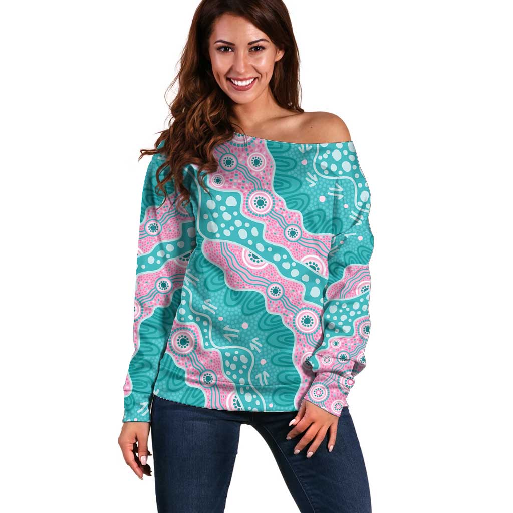 Hereditary Cancer Awareness Australia Indigenous Off Shoulder Sweater Pink and Teal - Aussie Hoodie