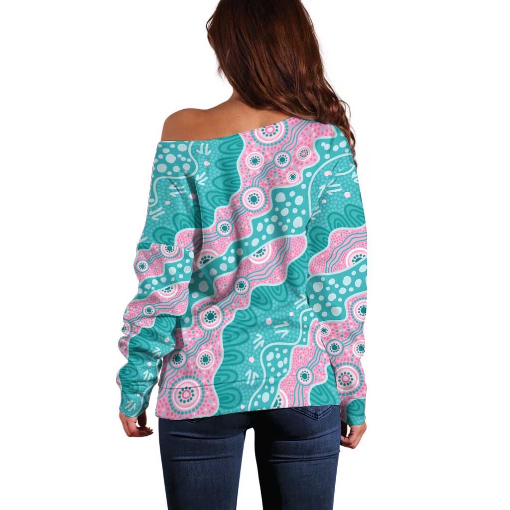 Hereditary Cancer Awareness Australia Indigenous Off Shoulder Sweater Pink and Teal - Aussie Hoodie