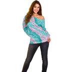 Hereditary Cancer Awareness Australia Indigenous Off Shoulder Sweater Pink and Teal - Aussie Hoodie