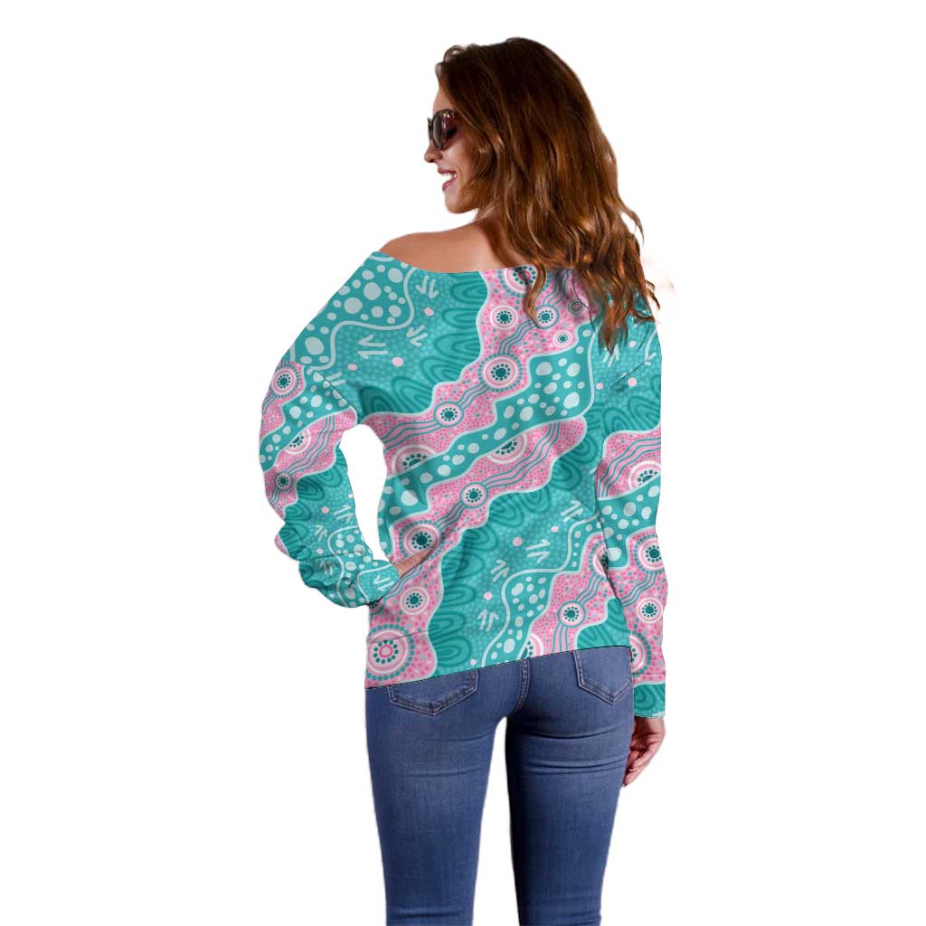 Hereditary Cancer Awareness Australia Indigenous Off Shoulder Sweater Pink and Teal - Aussie Hoodie