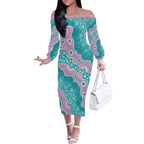 Hereditary Cancer Awareness Australia Indigenous Off The Shoulder Long Sleeve Dress Pink and Teal - Aussie Hoodie
