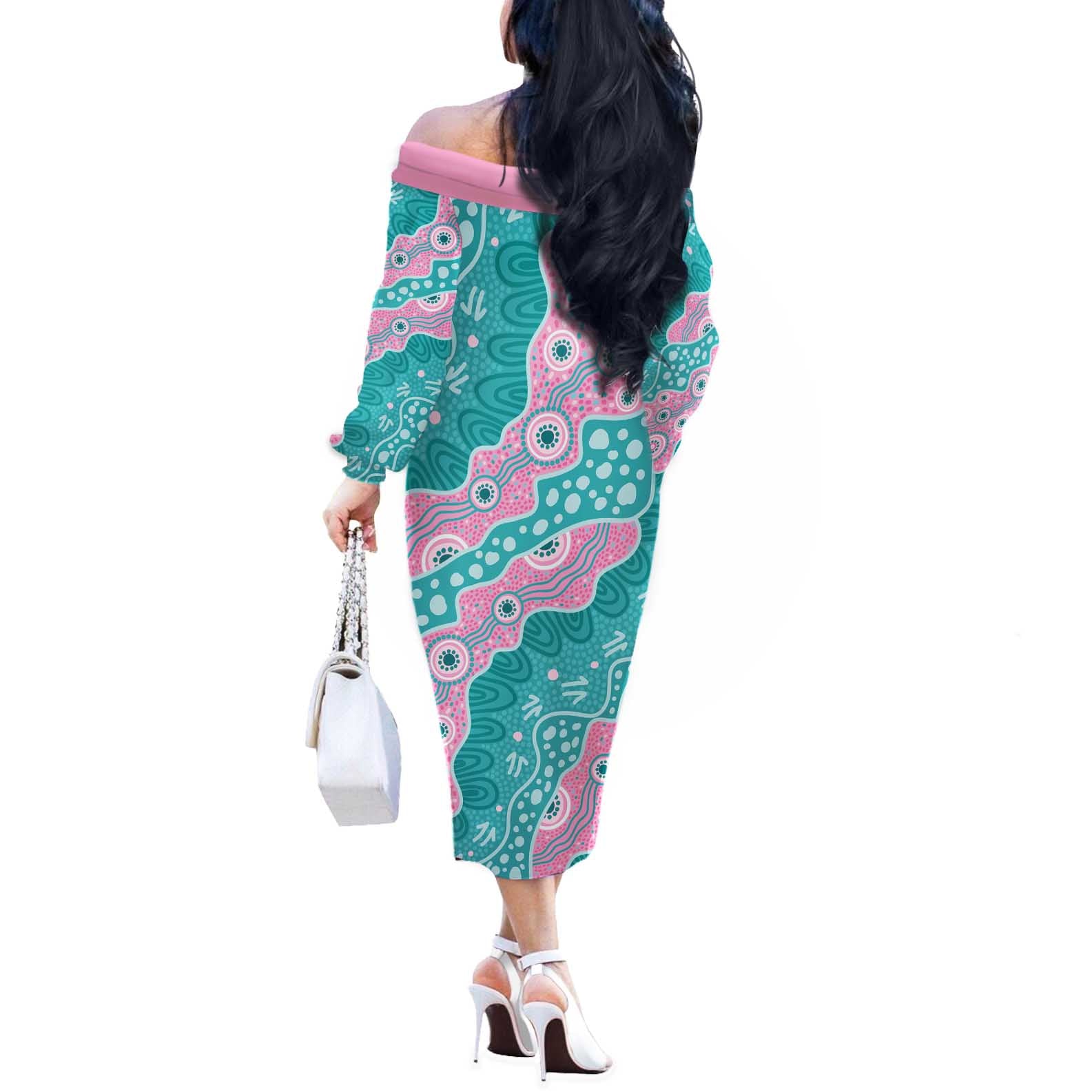 Hereditary Cancer Awareness Australia Indigenous Off The Shoulder Long Sleeve Dress Pink and Teal - Aussie Hoodie
