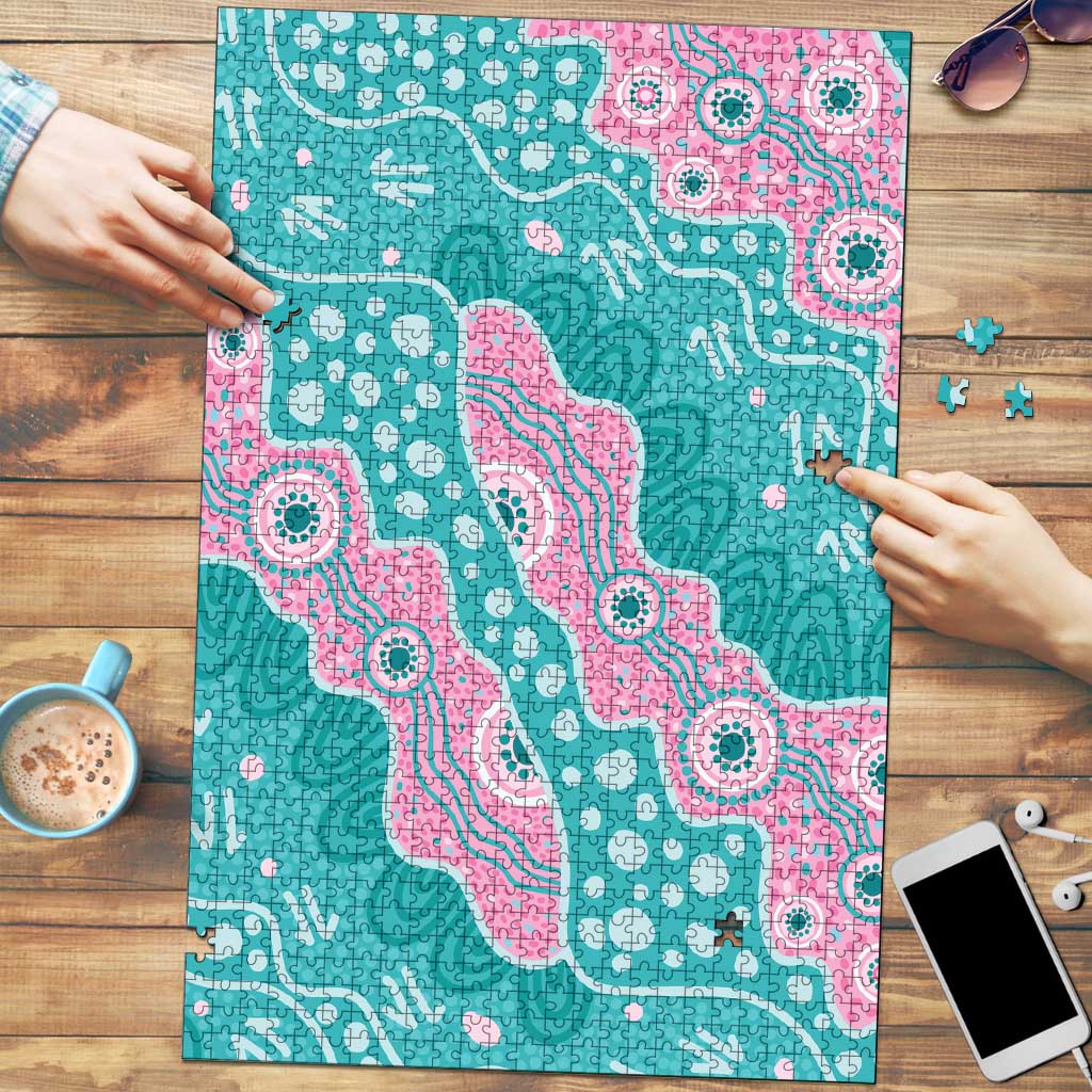 Hereditary Cancer Awareness Australia Indigenous Puzzle Pink and Teal - Aussie Hoodie
