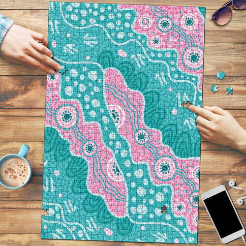 Hereditary Cancer Awareness Australia Indigenous Puzzle Pink and Teal - Aussie Hoodie