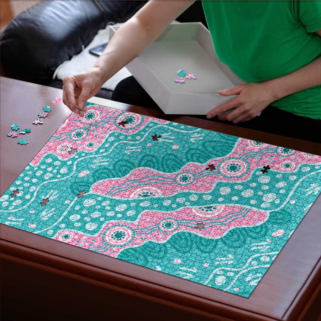 Hereditary Cancer Awareness Australia Indigenous Puzzle Pink and Teal - Aussie Hoodie