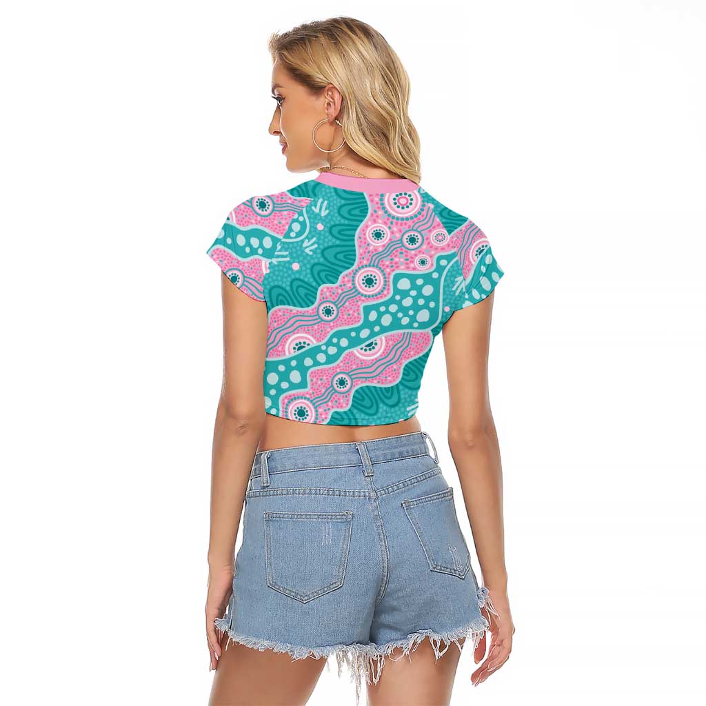 Hereditary Cancer Awareness Australia Indigenous Raglan Cropped T Shirt Pink and Teal - Aussie Hoodie