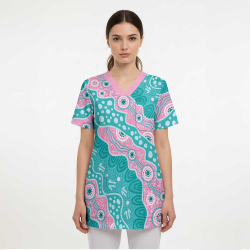 Hereditary Cancer Awareness Australia Indigenous Scrub Top Pink and Teal - Aussie Hoodie