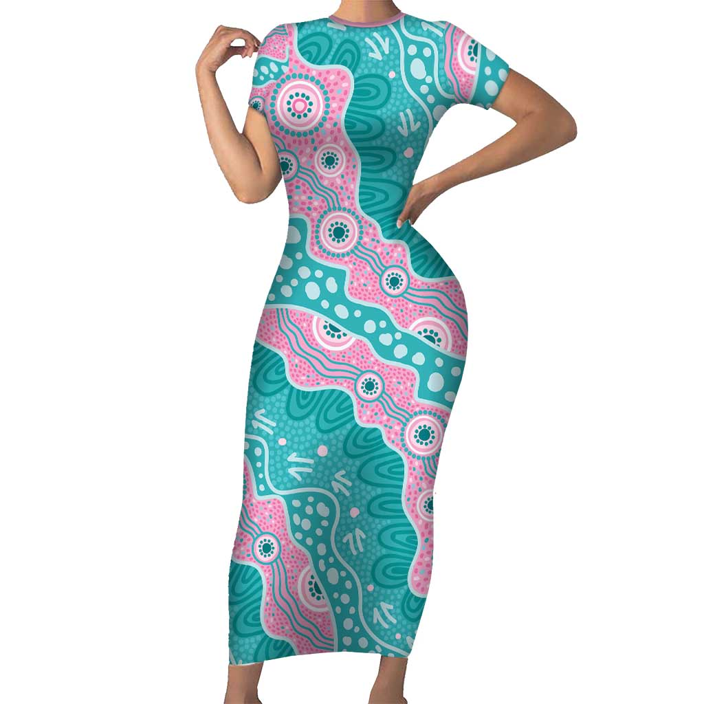 Hereditary Cancer Awareness Australia Indigenous Short Sleeve Bodycon Dress Pink and Teal - Aussie Hoodie