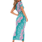 Hereditary Cancer Awareness Australia Indigenous Short Sleeve Bodycon Dress Pink and Teal - Aussie Hoodie