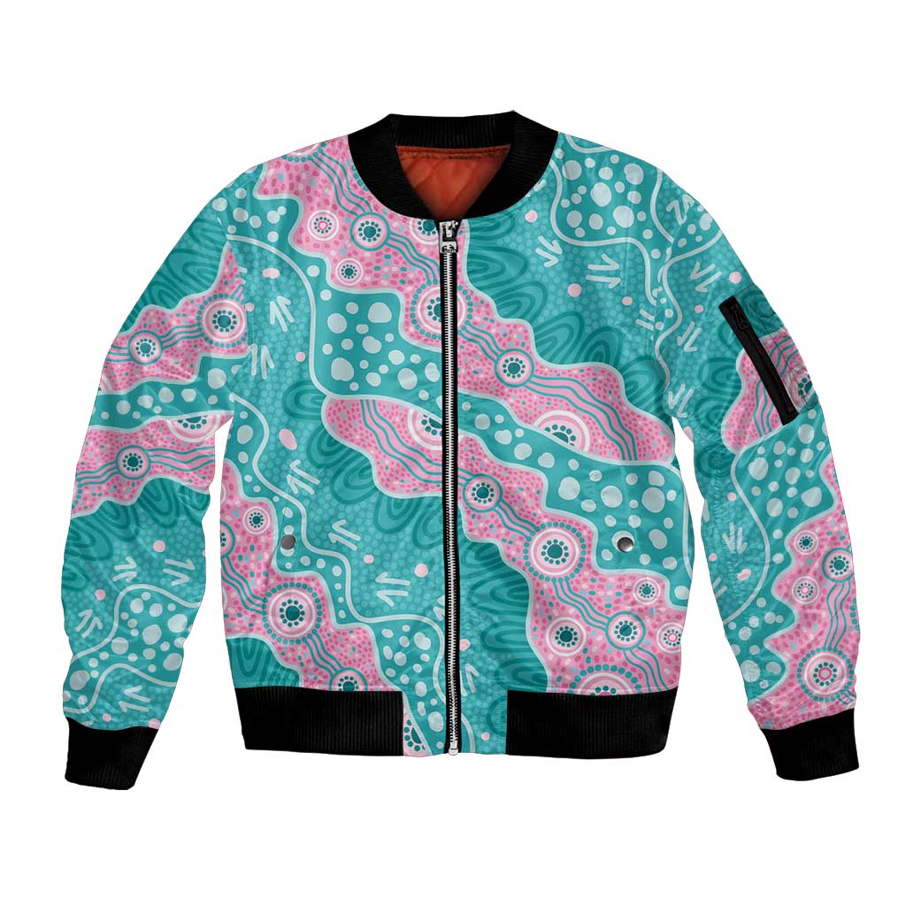 Hereditary Cancer Awareness Australia Indigenous Sleeve Zip Bomber Jacket Pink and Teal - Aussie Hoodie