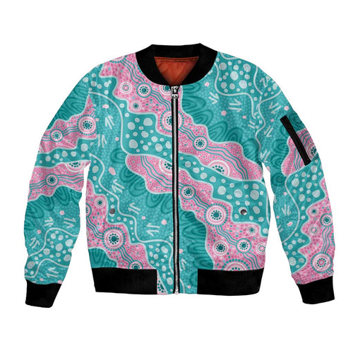 Hereditary Cancer Awareness Australia Indigenous Sleeve Zip Bomber Jacket Pink and Teal - Aussie Hoodie