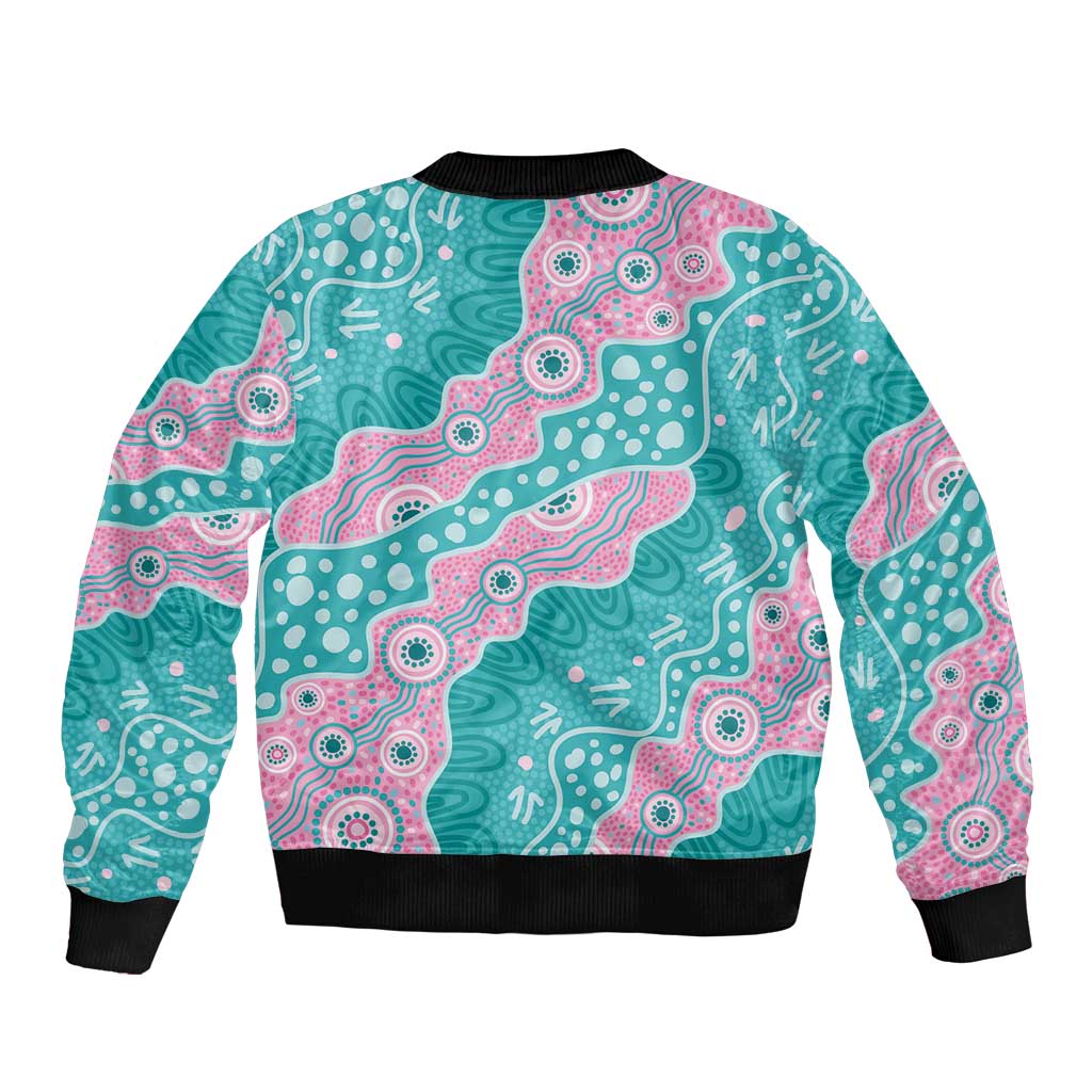Hereditary Cancer Awareness Australia Indigenous Sleeve Zip Bomber Jacket Pink and Teal - Aussie Hoodie