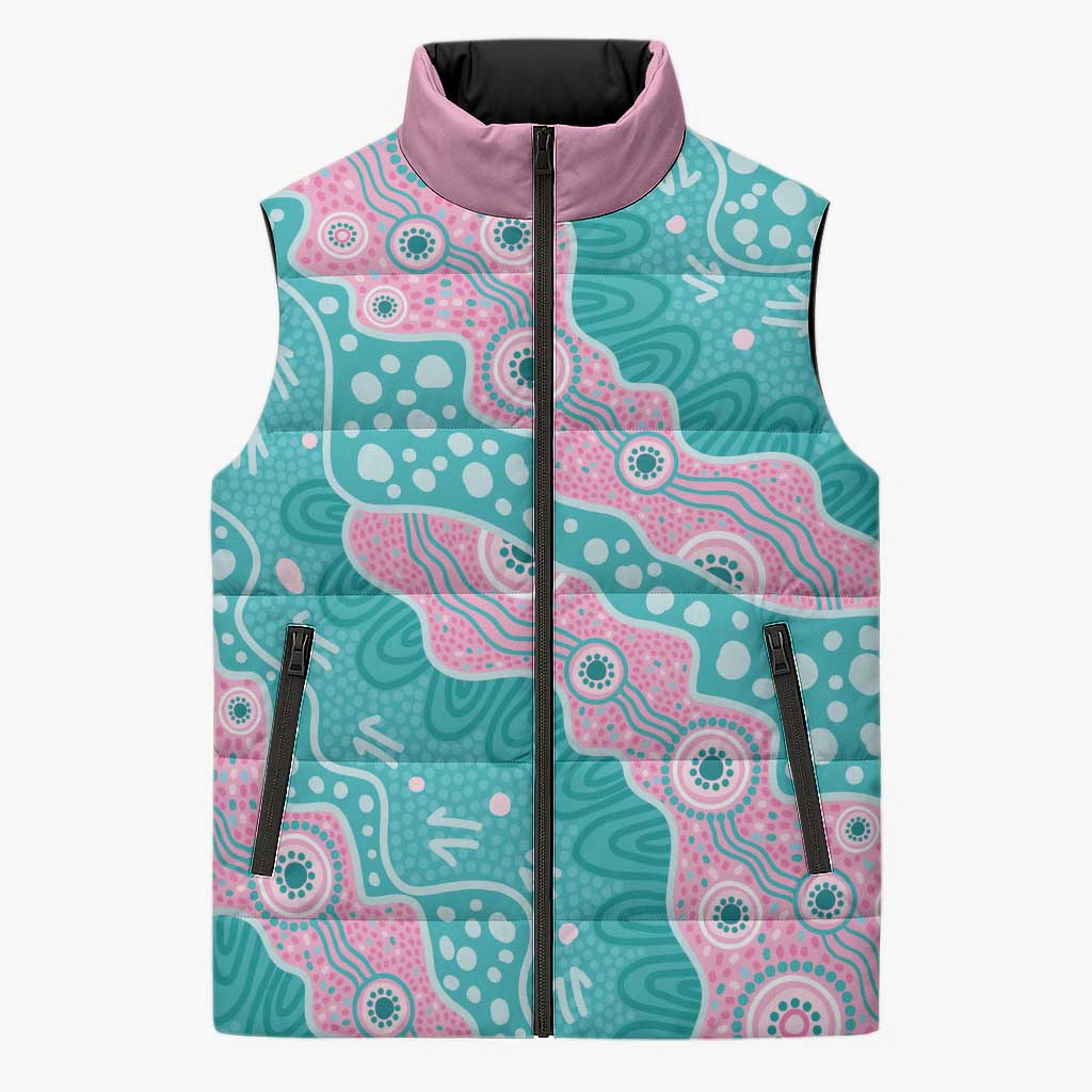 Hereditary Cancer Awareness Australia Indigenous Sleeveless Puffer Jacket Pink and Teal - Aussie Hoodie