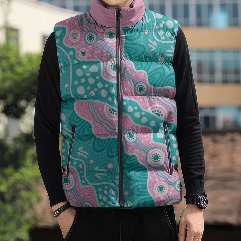 Hereditary Cancer Awareness Australia Indigenous Sleeveless Puffer Jacket Pink and Teal - Aussie Hoodie