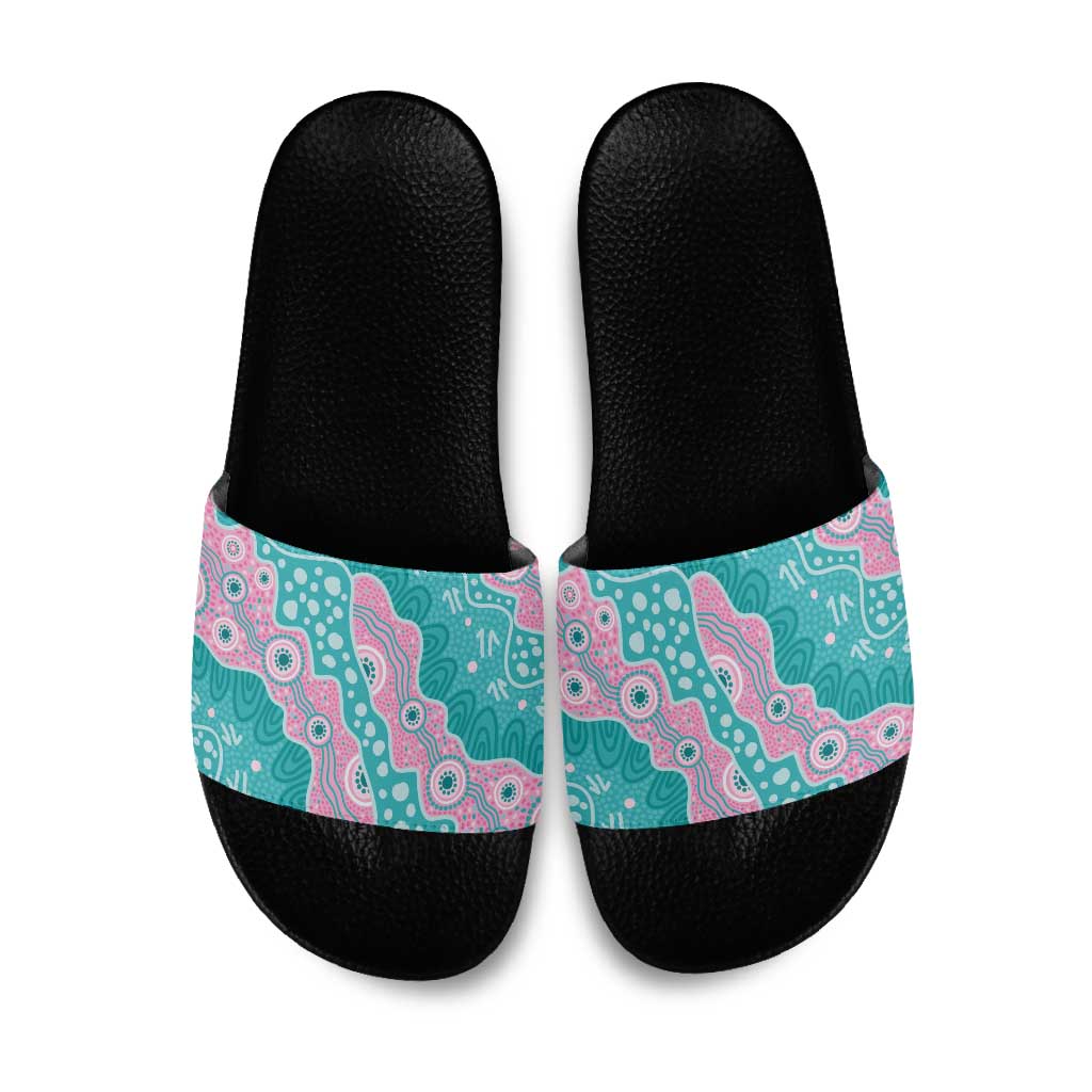 Hereditary Cancer Awareness Australia Indigenous Slide Sandals Pink and Teal - Aussie Hoodie
