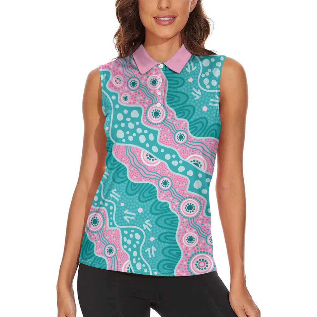 Hereditary Cancer Awareness Australia Indigenous Women Sleeveless Polo Shirt Pink and Teal - Aussie Hoodie
