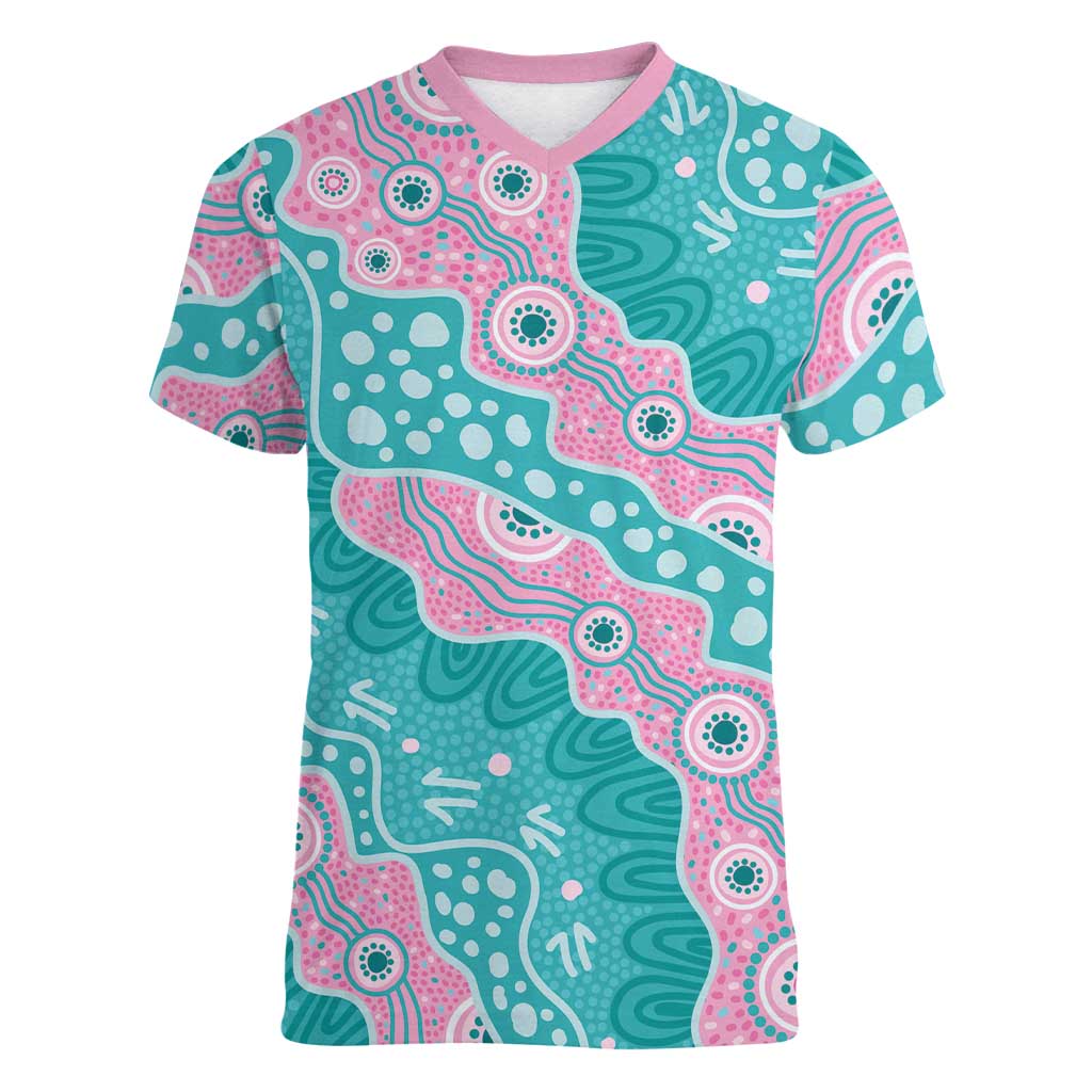 Hereditary Cancer Awareness Australia Indigenous Women V-Neck T-Shirt Pink and Teal - Aussie Hoodie