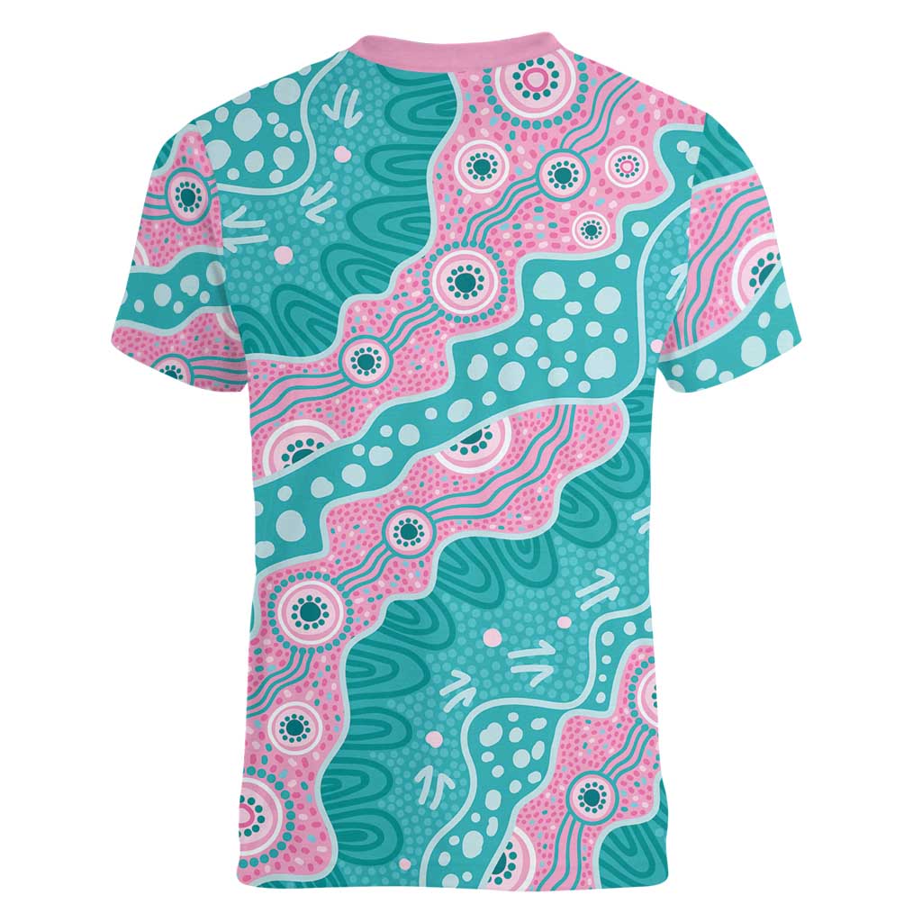 Hereditary Cancer Awareness Australia Indigenous Women V-Neck T-Shirt Pink and Teal - Aussie Hoodie