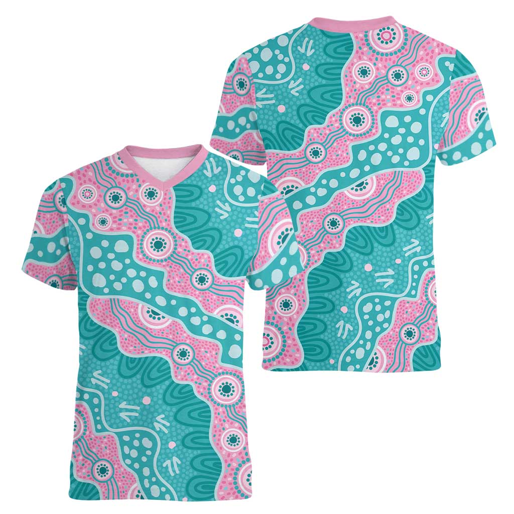 Hereditary Cancer Awareness Australia Indigenous Women V-Neck T-Shirt Pink and Teal - Aussie Hoodie