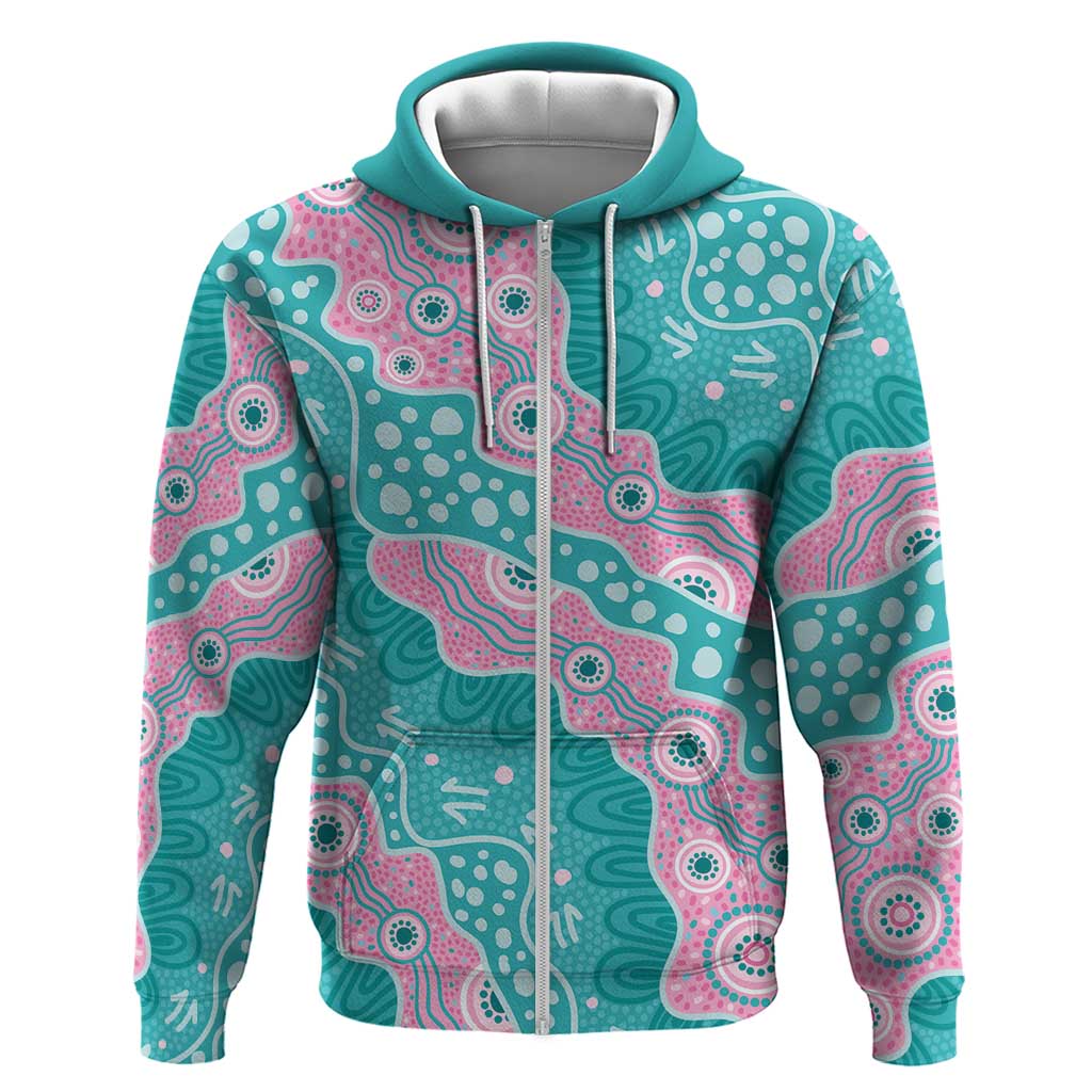 Hereditary Cancer Awareness Australia Indigenous Zip Hoodie Pink and Teal - Aussie Hoodie