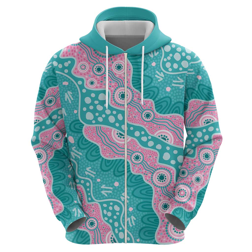 Hereditary Cancer Awareness Australia Indigenous Zip Hoodie Pink and Teal - Aussie Hoodie